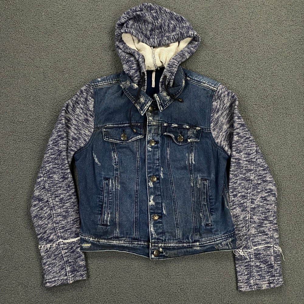 Free People Denim Jacket Women Medium Blue Distressed Knit Sleeve Hooded Boho